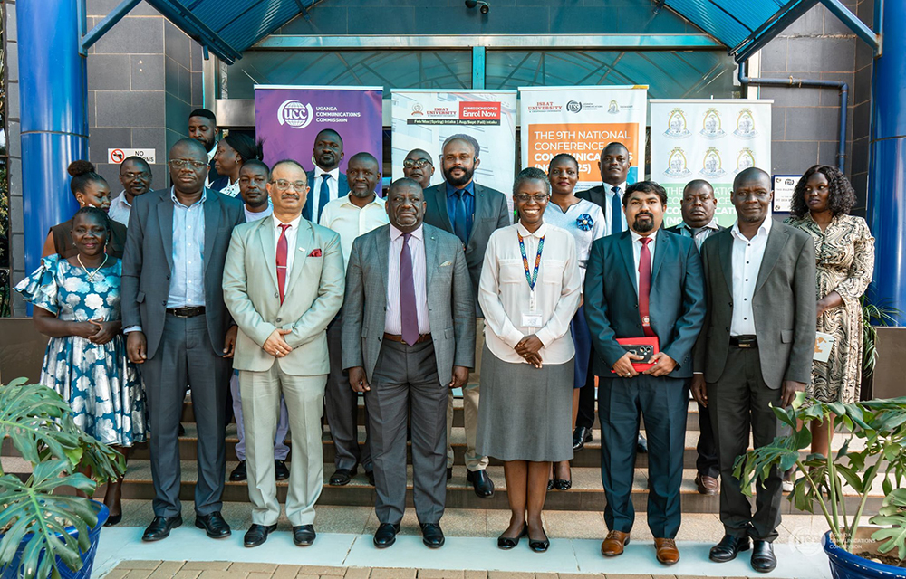 UCC Executive Director Nyombi Thembo (Fourth right) flanked (on his right) by ISBAT director of Studies Pradeep Kumar. Thembo said the upcoming the 9th National Conference on Communications (NCC) edition will focus on how digital innovation can support Uganda’s development goals. (Credit: UCC)