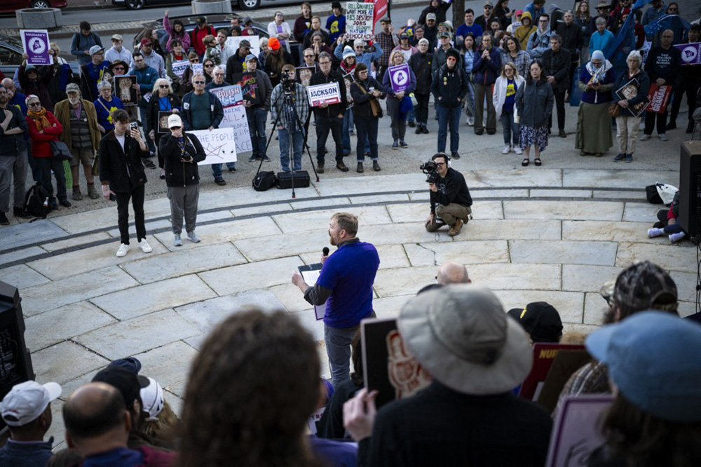  U.S. Senate candidate from Maine Graham Platner speaks during a May Day rally organized by local unions, on May 1, 2026 outside City Hall in Portland, Maine. (Photo by Graeme Sloan/Getty Images/AFP)