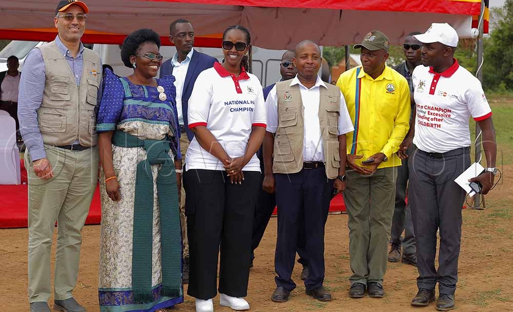 (L-R) UNFPA Deputy Country Representative Daniel Alemu ,Sylvia Katooko Damba Woman Member of Parliament , Charlotte Kainerugaba also the National PPH Champion, Dr Patrick Kagurusi, the Country Manager of Amref Health Africa in Uganda and Dr Richard Mugahi, Commissioner for Reproductive and Child Health. (Credit: Violet Nabatanzi)