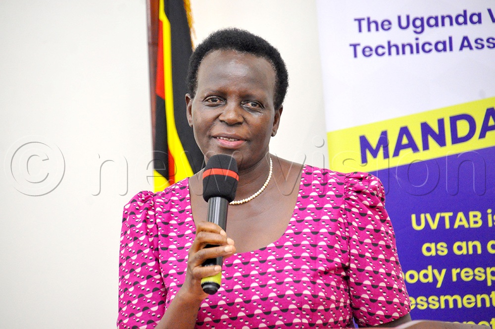 Kedrace Turyagyenda Permanent Secretary Ministry of Education addressing during the release of assessment results at Uganda Vocational and Technical Assessment Board (UVTAB) on April 1, 2026. (Photo by Nancy Nanyonga)
