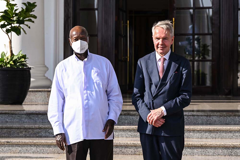 President Museveni with the United Nations Secretary General Personal Envoy for Sudan H.E. Pekka Haavisto after a meeting at State House Entebbe on Friday. (Credit: PPU)