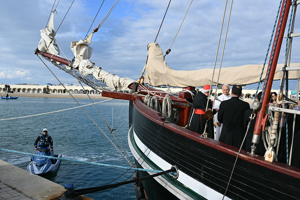 Pope Leo XIV visits the Peace training ship "MED 25 - Bel Espoir" in the port of Ostia near Rome on October 17, 2025. (AFP)