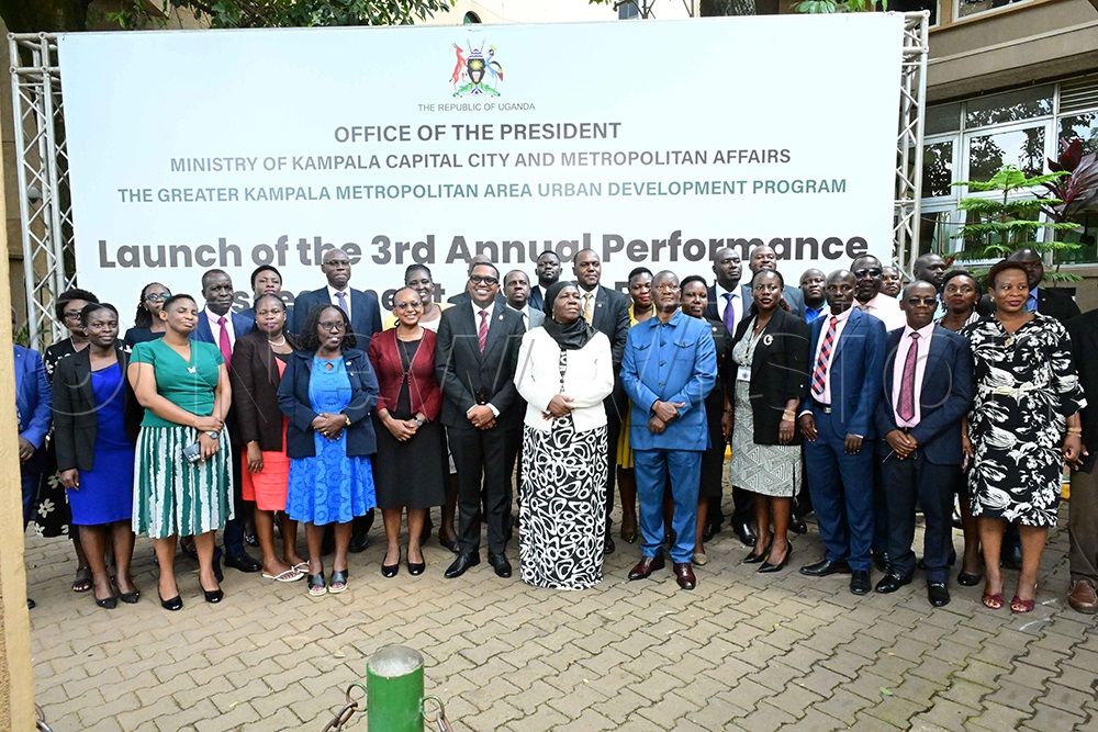 Some of the political leaders and technocrats from nine entities that form the Kampala Metropolitan Area who attended the launch of the 3rd Annual Performance Assessment Results for Financial Year 2024/2025. The event took place at the Ministry of Finance on August 12, 2026. (Photo by Eddie Ssejjoba)