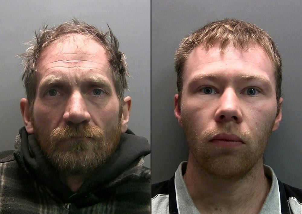 This combination created in Londonon May 9, 2025 of undated handout pictures released by Britain's Northumbria Police taken in Newcastle, shows Daniel Graham (L) and Adam Carruthers, the two men convicted over felling of the tree at Sycamore Gap. (AFP/Files)