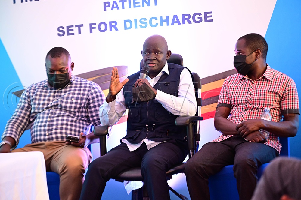 The first bone marrow transplant patient Sande Stephen accompanied by his caretakers Sande Wilson and Andrew Ayazika makes his remarks at his discharge at Uganda Cancer Institute Mulago on April 24, 2026. (Photo by Maria Wamala)