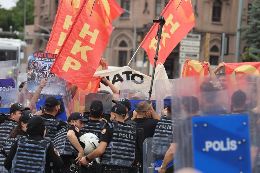 Demonstrators protest ahead of the NATO summit in Ankara, T&uuml;rkiye, July 5, 2026. (Xinhua)