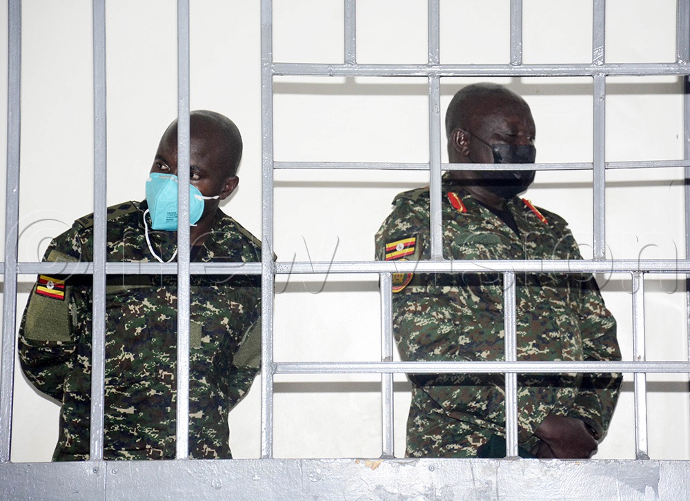 The senior UPDF officers accused in a fuel theft case involving 270,000 litres of fuel in the court dock. (Photo by Margret Zalwango)