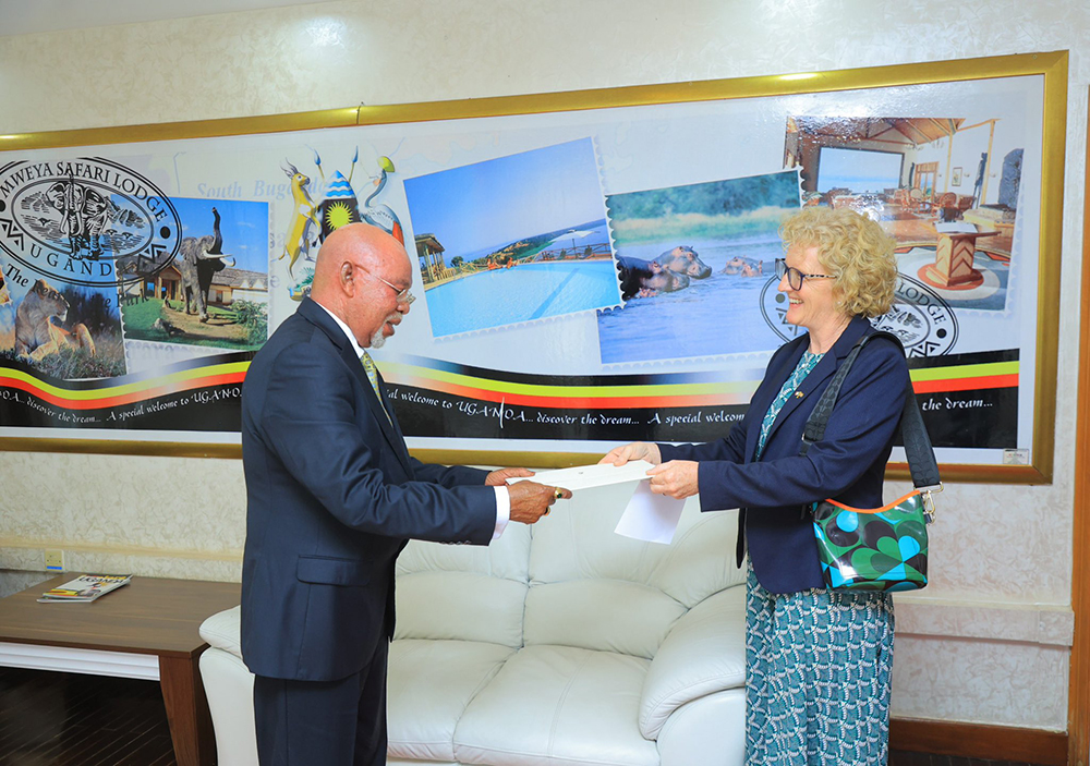 Ireland’s Ambassador to Uganda, Mags Gaynor (Right) presented copies of credentials to Uganda’s Minister of Foreign Affairs General Jeje Odongo. (Courtesy)