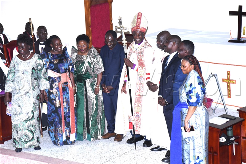 Archbishop Kaziimba with MPs from Teso who attended his farewell prayers at St Peter's Cathedral on Sunday. (Credit: Godfrey Ojore)