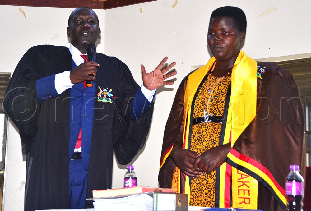 Chief Magistrate Daniel Epobu speaking after swearing-in the new Katakwi DistrictcSpeaker Betty Abur Akumu. (Photo by Delux Emmy Alomu)