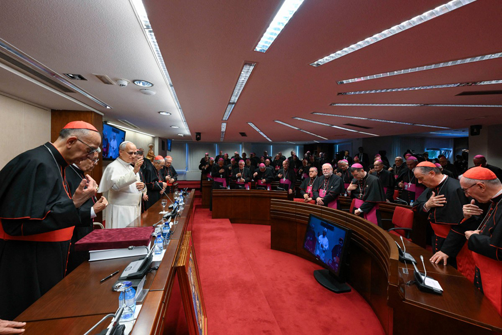 This handout photo taken and released on June 8, 2026 by The Vatican Media shows Pope Leo XIV during a meeting with the bishops of Spain at the office of the Episcopal conference in Madrid on June 8, 2026. (AFP)