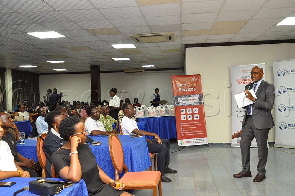 Maurice Mugisha, the Deputy Managing Director, Uganda Broadcasting Service, addressing Rotaract of Kampala South during the Rotary partnership campaign on August 20, 2026. (Photo by Nancy Nanyonga)