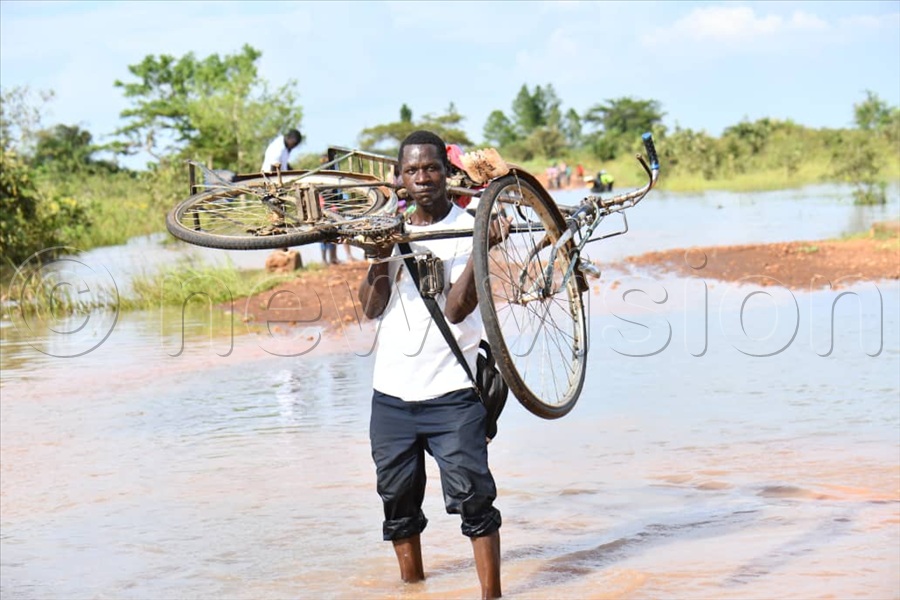 A cyclist carries his bike after River Moroto burst its banks. (Credit: Ponsiano Nsimbi)