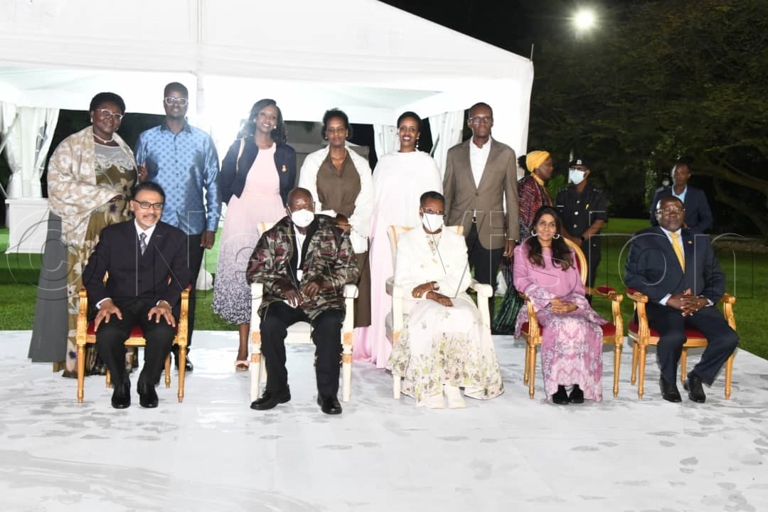 The First Lady and Minister of Education and Sports, Janet Museveni (3rd right), with H.E. President Museveni (2nd left) in a group photo with H.E. Puan Sri Datin Professor Dr Rohini Devi, Founding Director, Centre for Women Leadership (2nd right), together with H.E. Tan Sri Dato Professor Joseph Adaikalam, Founder Chairman of Binary University (left) with members of the first family.