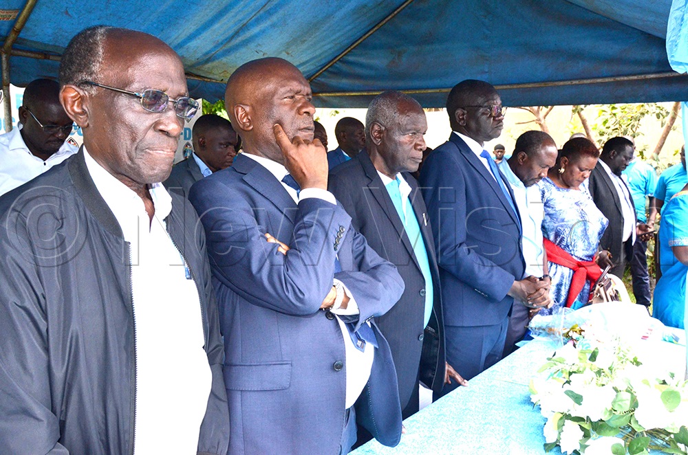 Yusuf Nsibambi (Second left) with other FDC senior party officials attending a function at Najjanankumbi offices in Kampala before was approved by Parliament to become FDC chief last year. (Photo by Isaac Nuwagaba)