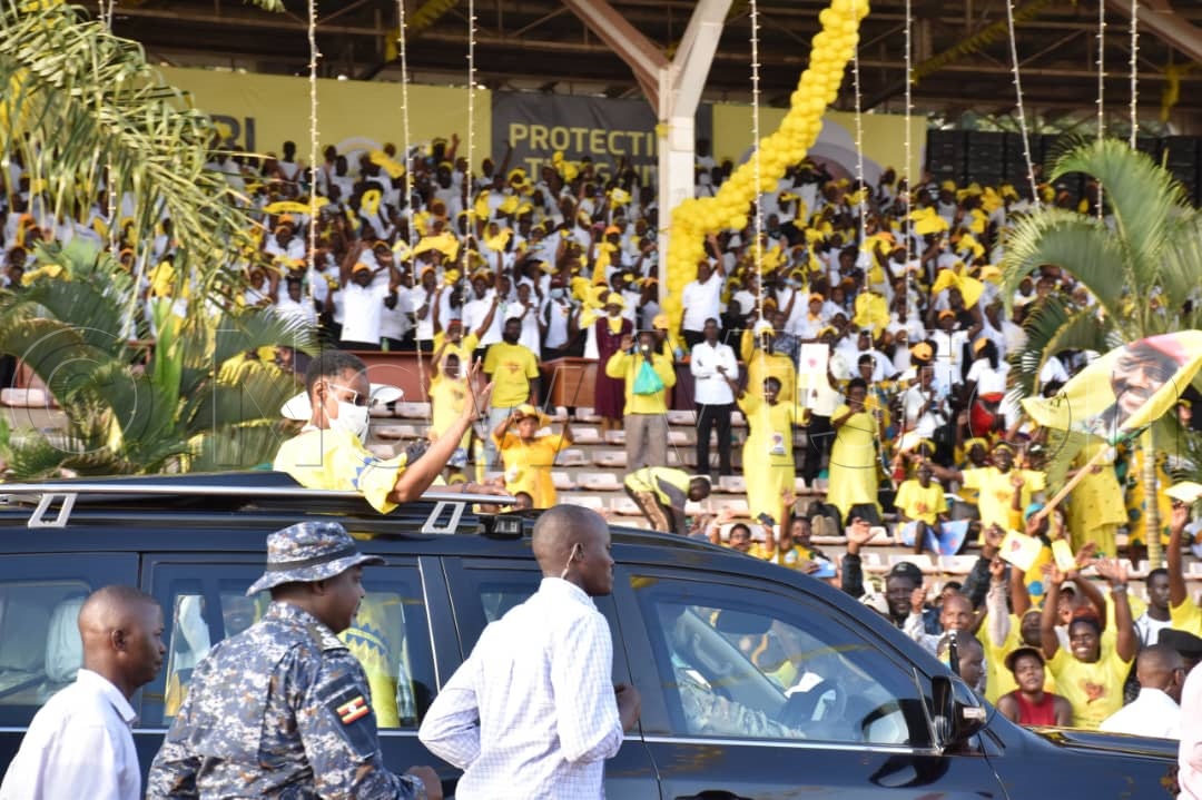 First Lady Janet Museveni waving to the NRM supporters at Kololo independence grounds on Tuesday, Sept. 23, 2025. (Credit: Simon Peter Tumwine)