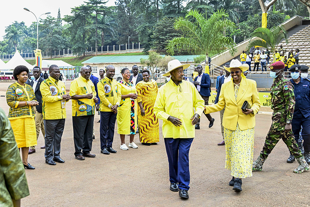 President Yoweri Kaguta Museveni accompanied by the First Lady and Minister of Education and Sports, Janet Kataha Museveni.