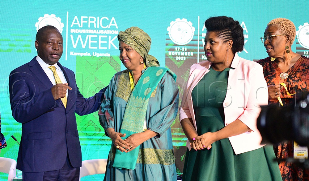 (L-R): David Bahati Minister of State for Trade, Industry and Cooperatives (Industry), Mrs. Ron Osman, Director for Industry, Minerals, Entrepreneurship and Tourism (IMET) at the African Union Commission, Sarah Kagingo Vice Chairlady of the Board of Directors at Private Sector Foundation Uganda and Nwanne Vwede-Obahor the United Nations Development Programme's (UNDP) Resident Representative for Uganda interact at the opening of the African Industrialization Week at Speke Resort Munyonyo on November 17, 2025. (Photo by Maria Wamala)