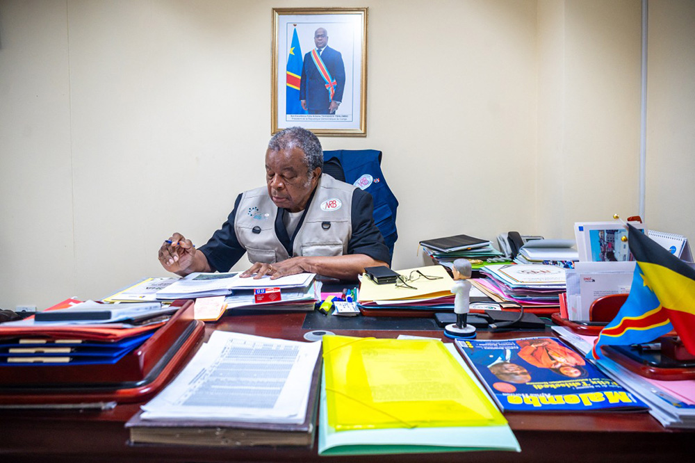 Professor Jean-Jacques Muyembe, director general of the National Institute for Biomedical Research (INRB), is seen at his offices at the INRB laboratory in Kinshasa, Democratic Republic of the Congo, on May 20, 2026. (Photo by Hardy BOPE / AFP)