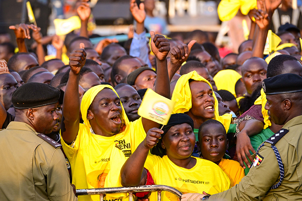 Some of the NRM supporters express their support for President Museveni during a campaign rally in Kamuli on Thursday. 