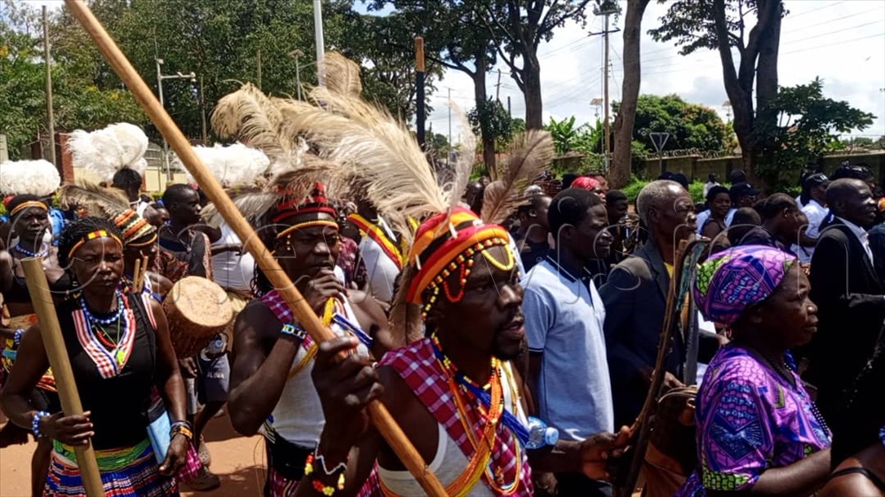Otole team dancers from Paluga in Lamwo ttrekking Gulu city street with their spears. (All Photos by Christopher Nyeko)