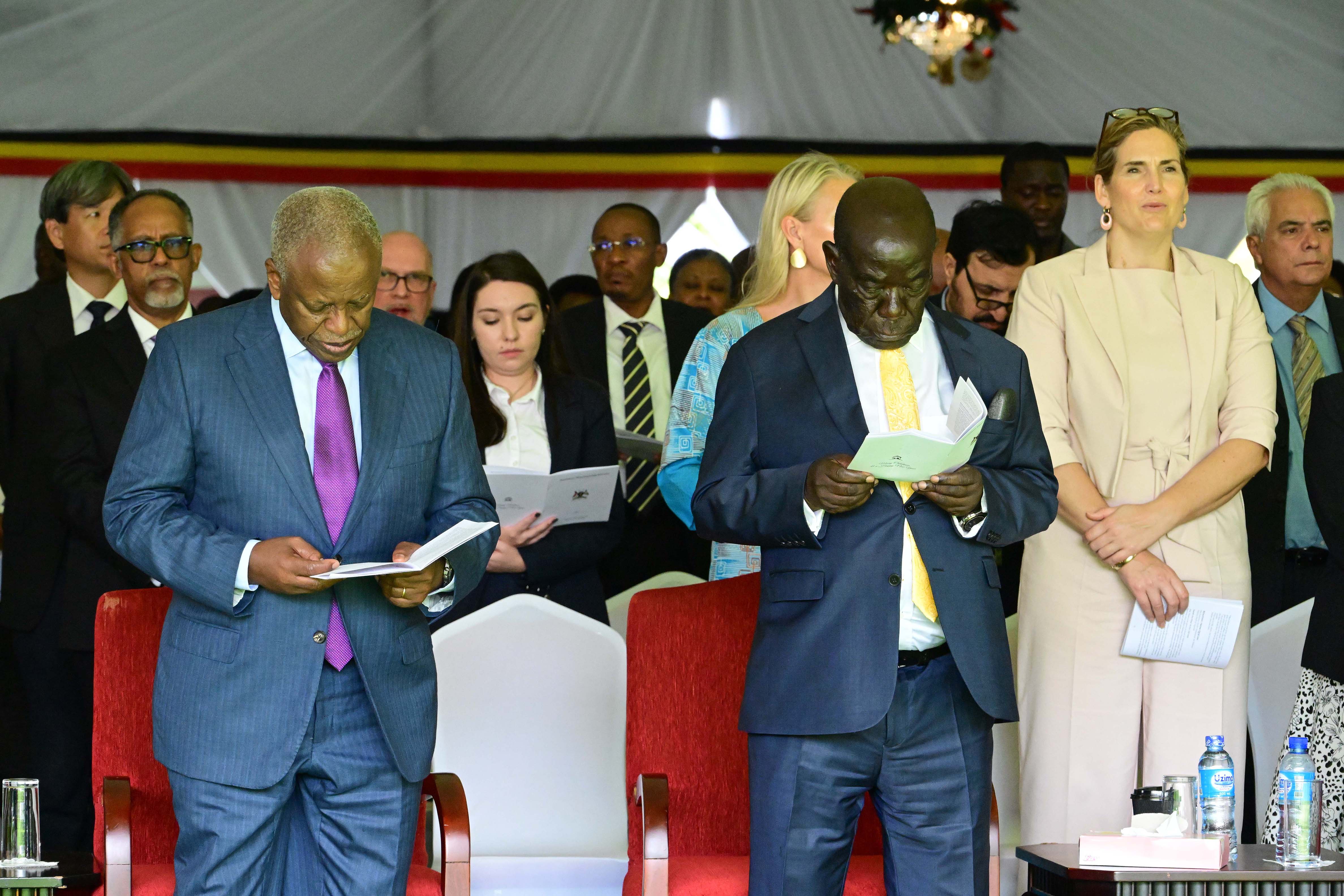 Former Vice President Edward Ssekandi and Former Premier Amama Mbabazi attending the national Thanksgiving prayers at Entebbe on Friday. (PPU Photo)
