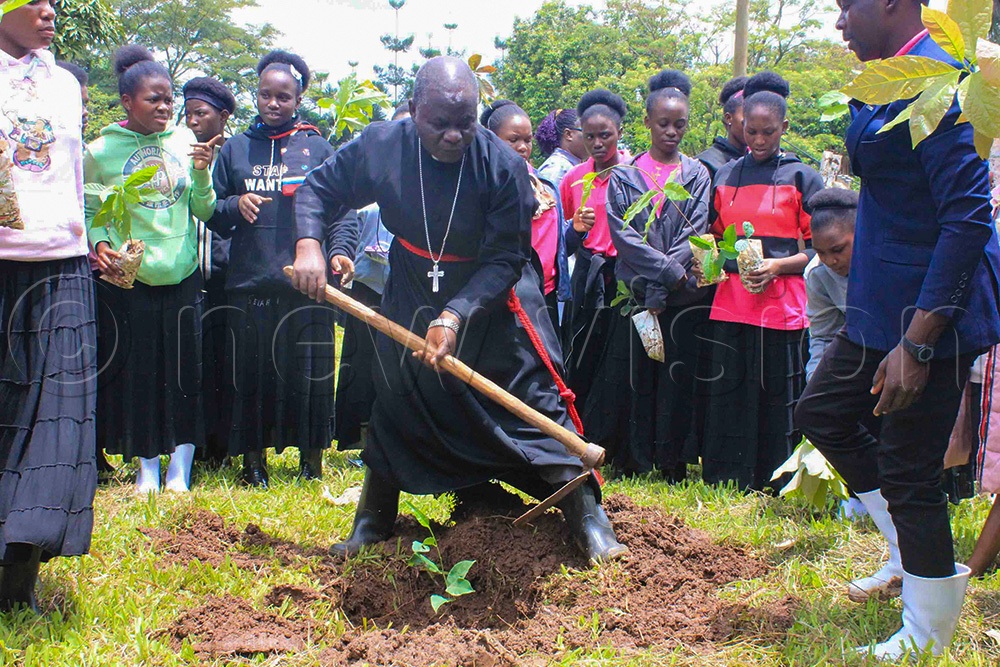 Ven. Kenneth Kampi Lukwago, the Archdeacon of Nassuuti Archdeaconry, planting a tree as the students are looking on. (Photo by Michael Nsubuga)