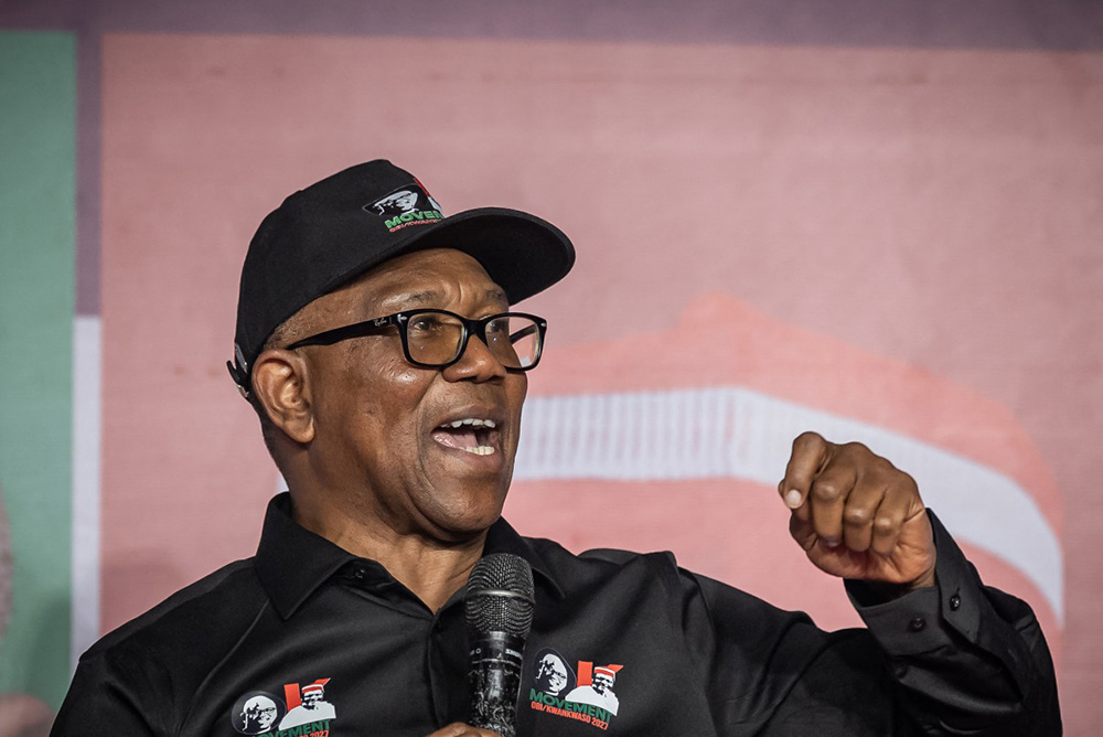 Peter Obi, presidential candidate of the Nigeria Democratic Congress (NDC), speaks after being affirmed as the party's flag bearer during the NDC Special Convention in Abuja on May 30, 2026. (Photo by Light Oriye Tamunotonye / AFP)
