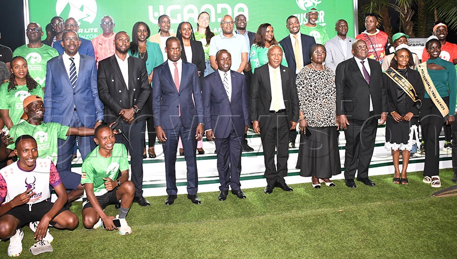 The NCS Chairman Ambrose Tashobya (3rd left), Martin Mugarra Bahinduka, the Minister of Tourism, Wildlife and Antiquities Minister of State for Sports, Peter Ogwang (5th left) and Equator Hikes' Amos Wekesa (2nd right) and other stakeholders during the launch of the 5th Edition Rwenzori Marathon at Sheraton Gardens, Feb 24, 2026. Photo by Michael Nsubuga