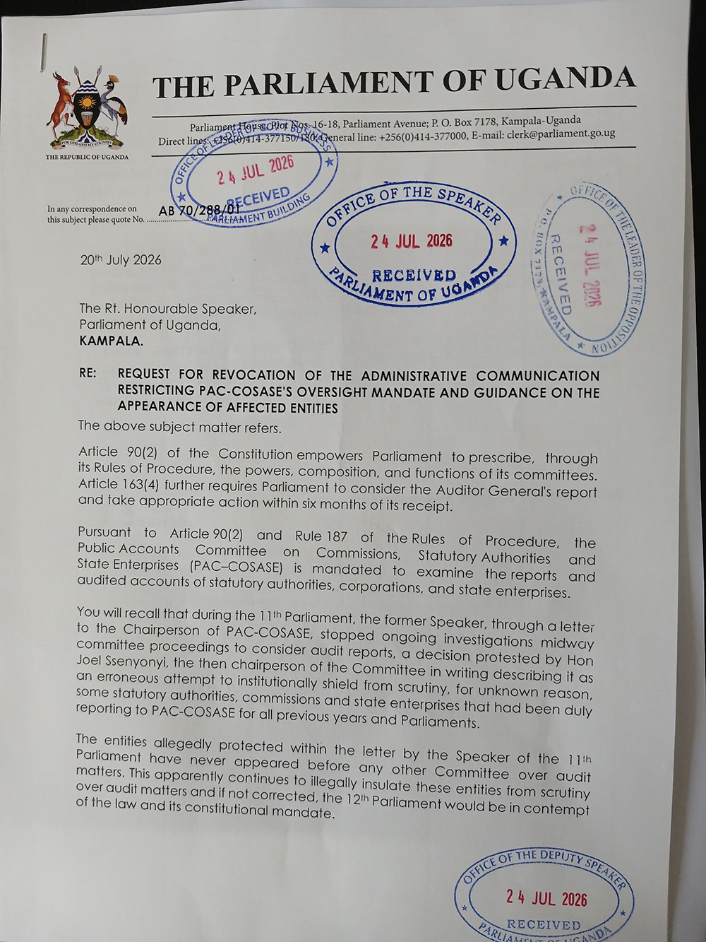 Letter to speaker. (Courtesy)