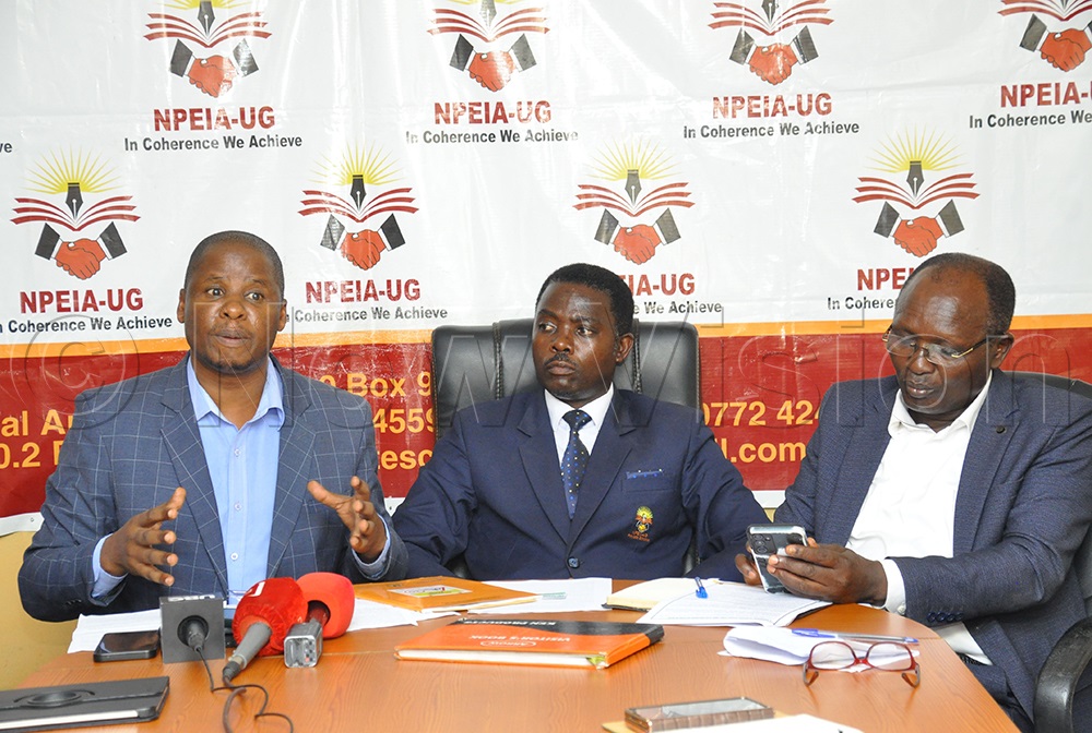 (L-R) Sam Bambanza, Executive Director of the Road Safety Advocacy Coalition Uganda; Hasadu Kirabira, Chairman of the National Private Educational Institutions Association–Uganda; and Bartholomew Muramuzi, Deputy Chairman of the association, during a press conference at the association’s offices in Kampala on July 20, 2026. (Photo by Nancy Nanyonga)