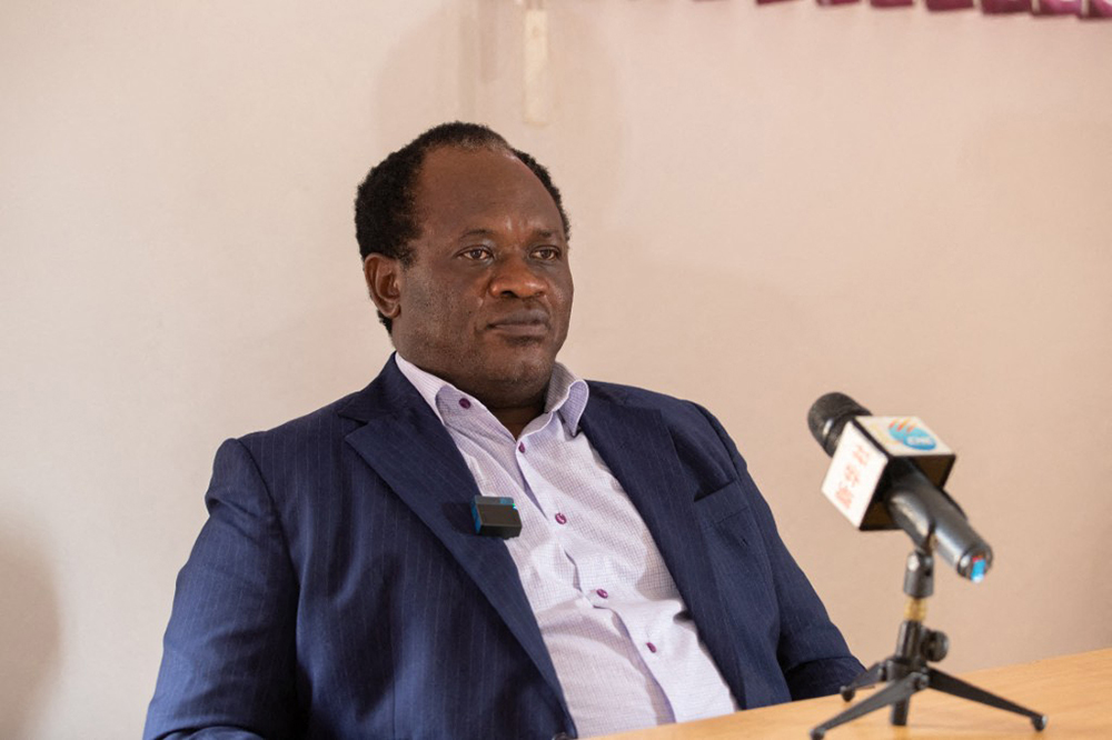 Brian Mundubile, leader of the opposition in the Zambian parliament, speaks during an interview with Xinhua in Lusaka, Zambia, March 27, 2023. (Xinhua Photo)