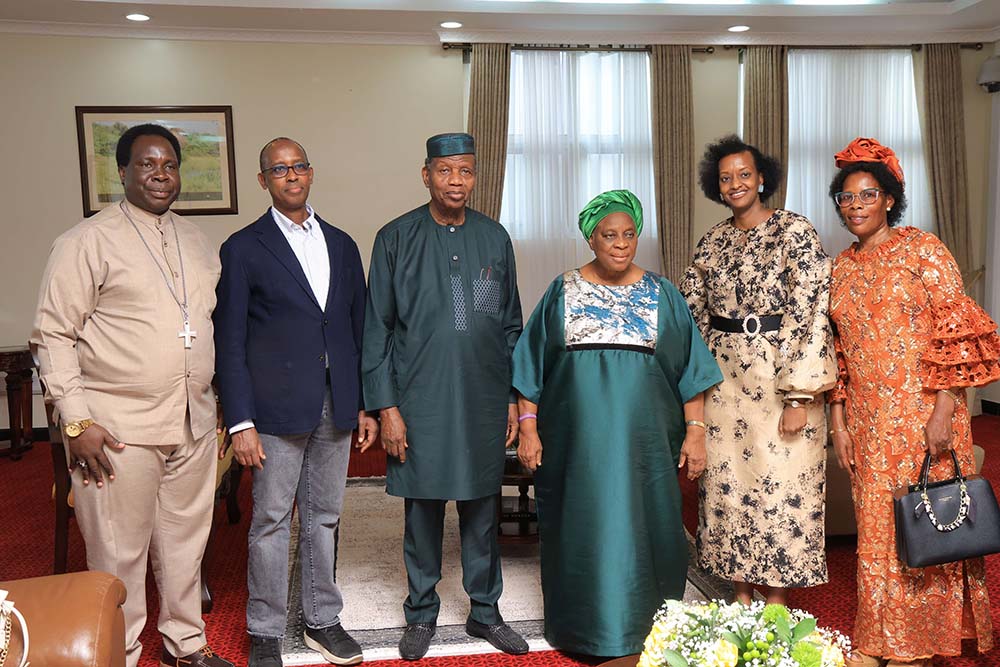 (L-R): Bishop Moses Odongo; Odrek Rwabwogo; Pastor Enoch Adeboye, General Overseer of the Redeemed Christian Church of God; Pastor (Mrs) Folu Adeboye; Pastor Patience Rwabwogo; and Mrs Odongo, at Entebbe International Airport ahead of the Ministers' Conference.