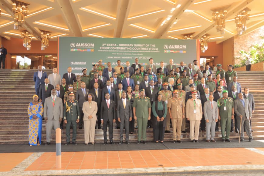 Minister of Defence and Veteran Affairs Kiryowa Kiwanuka, CDF General Muhoozi Kainerugaba and other Summit dignitaries after the summit.