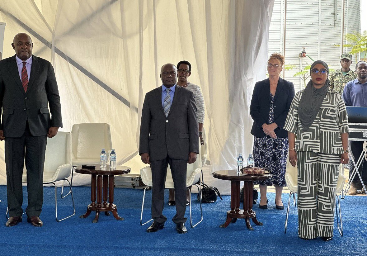 Dr Chris Baryomunsi (L), the Minister of Health Minister, 3rd Deputy Prime Minister Crispus Kiyonga and State Minister For Privitisation Aminah Mukalazi at the launch of the Magnesium injection in Namanve at Priscon Medical Plant.