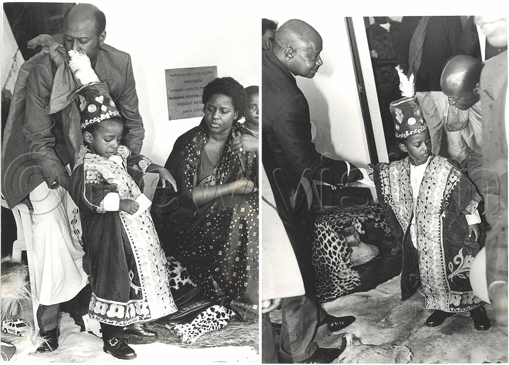 On the left, Jimmy Mugenyi helping Omukama Oyo Nyimba to sit in his throne and on the right, the coronation ceremony of the Omukama as President Yoweri Museveni congratulates him. (New Vision Archives)