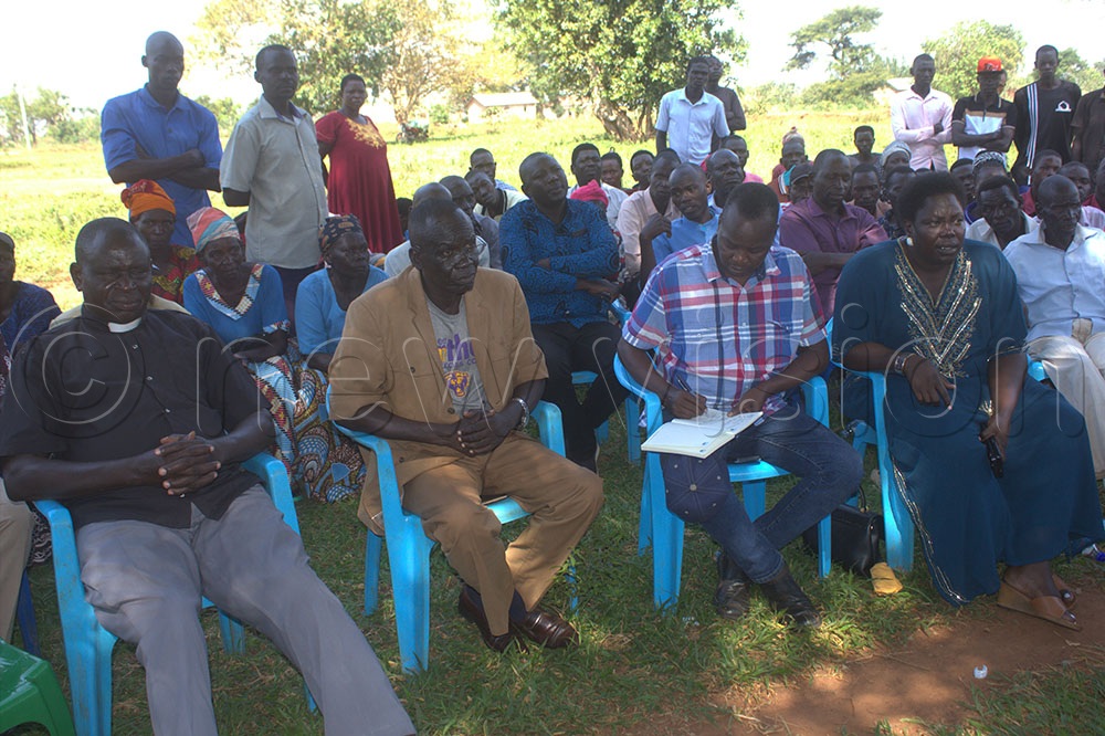 L-R: Hon. Kenny Auma, the Woman Member of Parliament for Kwania District; RDC Richard Noon Arikwanga; Basil Okello Onac, former Kwania LCV Chairperson; and Rev. Jimmy Agany, Parish Priest of Apire St. John Church of Uganda, attending the meeting. (Photo by Solomon Okabo)