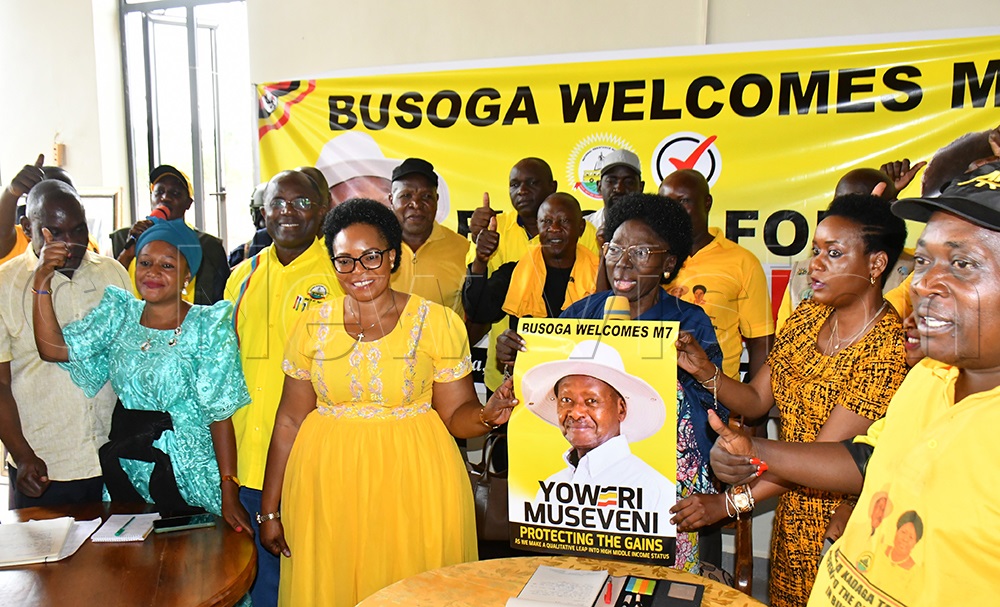 First Deputy Prime Minister and Minister of East African Community Affairs Rebecca Alitwala Kadaga (middle) accompanied by the State Minister of Lands and Housing Persic Namuganza (2nd left) while launching the Busoga sub region Task Force at her Century Resort Hotel in Mayuge district on Saturday. (Photo by Donald Kiirya)