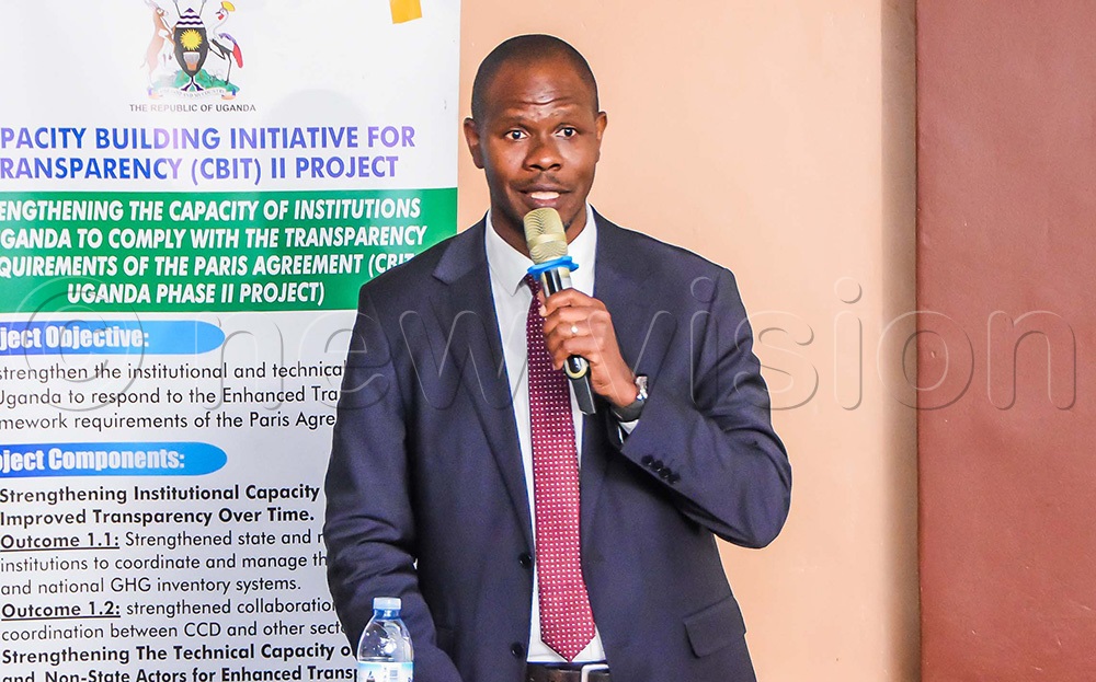Stuart Maniraguha, NFA Acting Executive Director addresses stakeholders during the launch of the Training of trainees for the Greenhouse Gas inventory coordination and management under the Capacity Building Initiative for Transparency (CBIT II) project at Silver Springs Hotel in Bugolobi on April 23, 2026. (Photo by Juliet Kasirye)