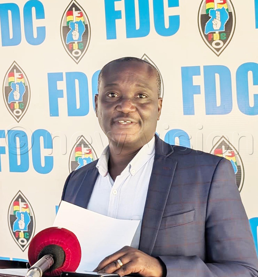 FDC deputy president for western Uganda, Robert Centenary Franco, addressing the press conference at FDC Headquarters Najjanankumbi in Kampala on Monday, August 17, 2026 (Photo by Isaac Nuwagaba)