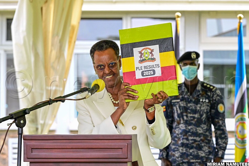First Lady and Minister of Education and Sports, Mrs Janet Museveni speaking during the release of the 2025 PLE results. (Credit: Miriam Namutebi)