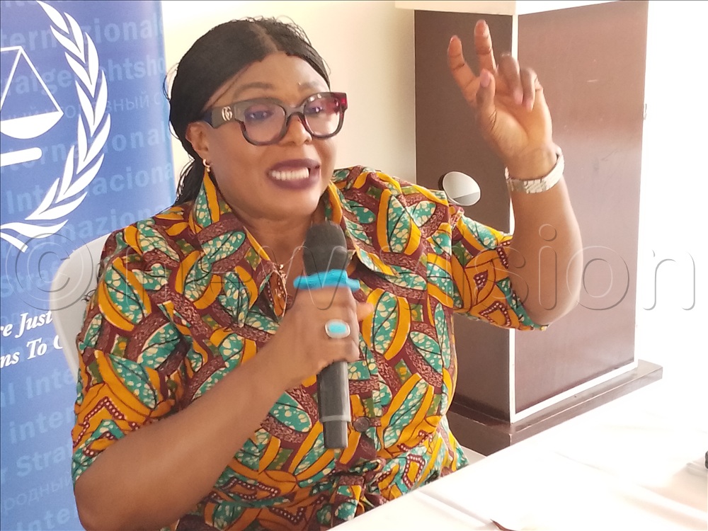 Maria Mabinty Kamara, the ICC&rsquo;s Public Information and Outreach Coordinator in Uganda addressing stakeholders at the dialogue at Gracious Palace Hotel in Lira City. (Photo by  Patrick Okino)&nbsp;