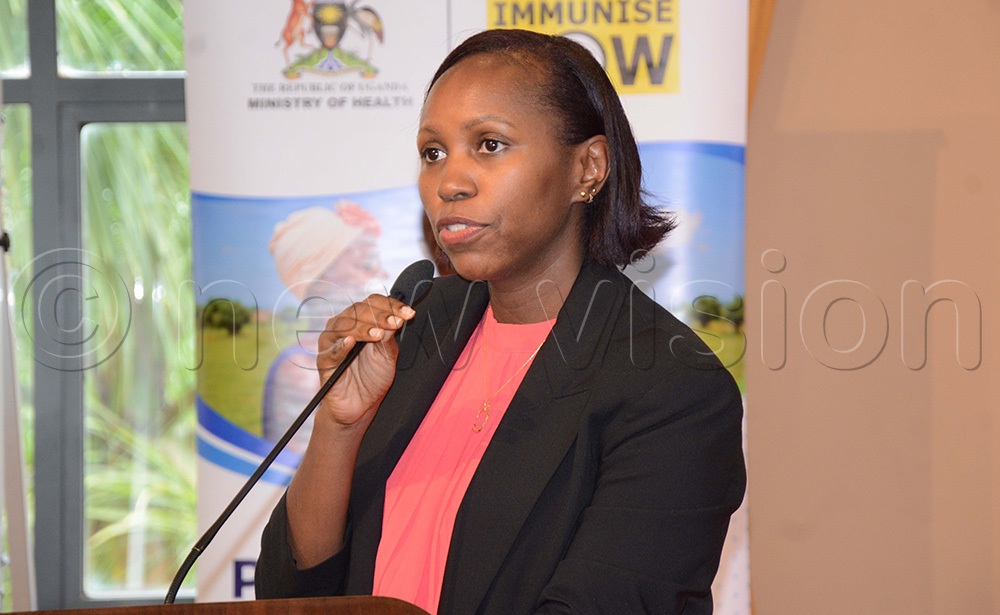 Rita Atugonza from the Vaccines and Immunisation Division at the Ministry of Health speaks during a high-level stakeholder engagement on the national measles-rubella campaign at Speke Resort Hotel on September 23, 2026. (Photo by Mary Kansiime)