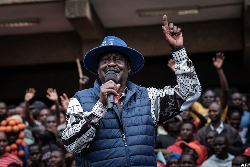 On August 22, 2022, Kenya's defeated presidential candidate Raila Odinga speaks to supporters as he arrives to hold a press conference at the Kenyatta International Convention Centre in Nairobi