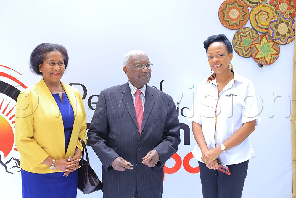 Poate Launch Pearl Hoareau Kakooza (L), the UTB board chairperson, Tom Butime (C), the minister for tourism, and Juliana Kagwa, the UTB chief executive officer, during the launch of 2026 POATE at the Sheraton Hotel in Kampala. (Credit: Julius Luwemba)