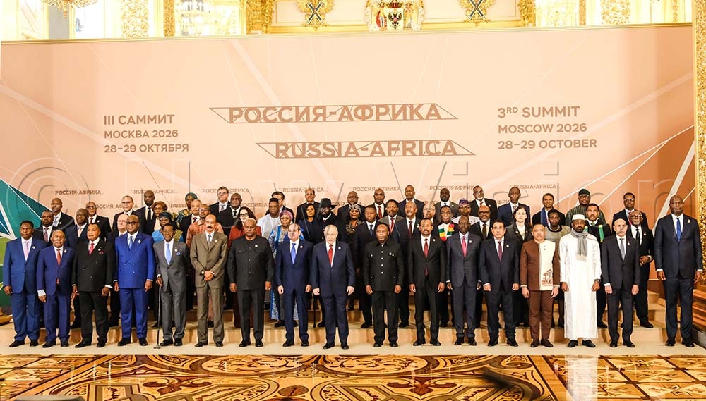 Vladimir Putin, President of Russia, with African Heads of State during a family photo at the Russia-Africa Summit Forum in Moscow, on October 28, 2026. (Credit: Hajarah Nalwadda)