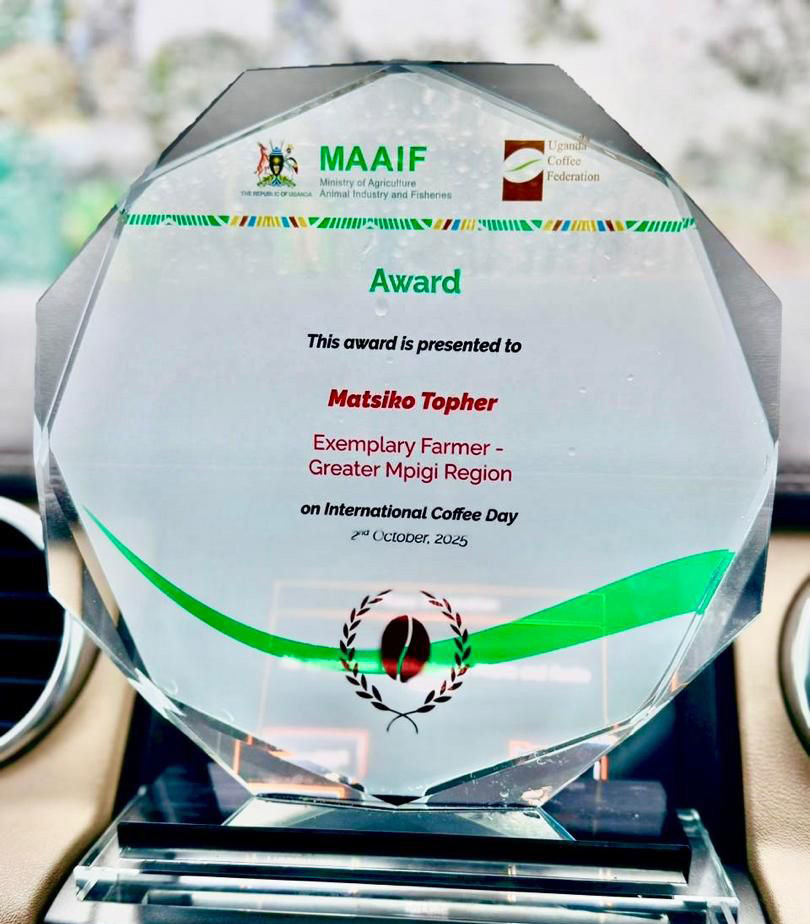 The award, Topher Matsiko, a farmer from Gomba district received being displayed. (Courtesy photo)