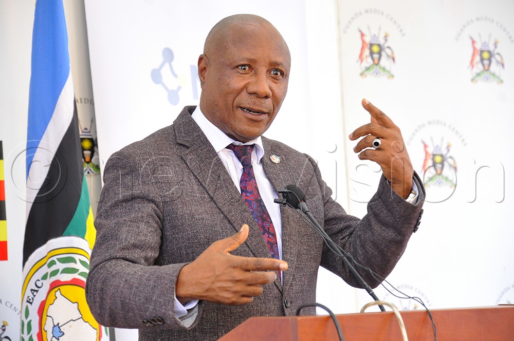Godfrey Kabbyanga, the State Minister for Ministry of ICT, addressing journalists during a press conference at the Uganda Media Centre on April 14, 2026. (Photo by Nancy Nanyonga)