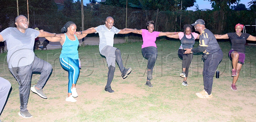 Rotarians work out with Coach Robert Ssebugwawo (2nd right) at the Shell Club, May 11, 2026. Photo by Michael Nsubuga