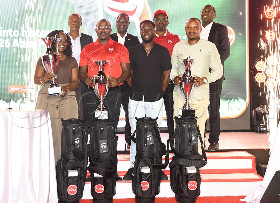 The Absa Pro-Am winning team of Diana Nabukenya (left), Paul Nuwagaba (3rd left), Ronald Rugumayo (center) and Collins Nuwagira (2nd right) pose with Absa Bank's Keith Kalyegira (2nd left), David Wandera (3rd right) and Michael Segwaya (right) and UGU president Jackson Were (4th left) after the tornament at Kitante, September 1, 2026. Photo by Michael Nsubuga